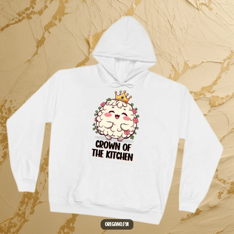 Funny plump oregano character hoodie giggling while wearing a tiny crown, cozy and humorous apparel for culinary royalty.