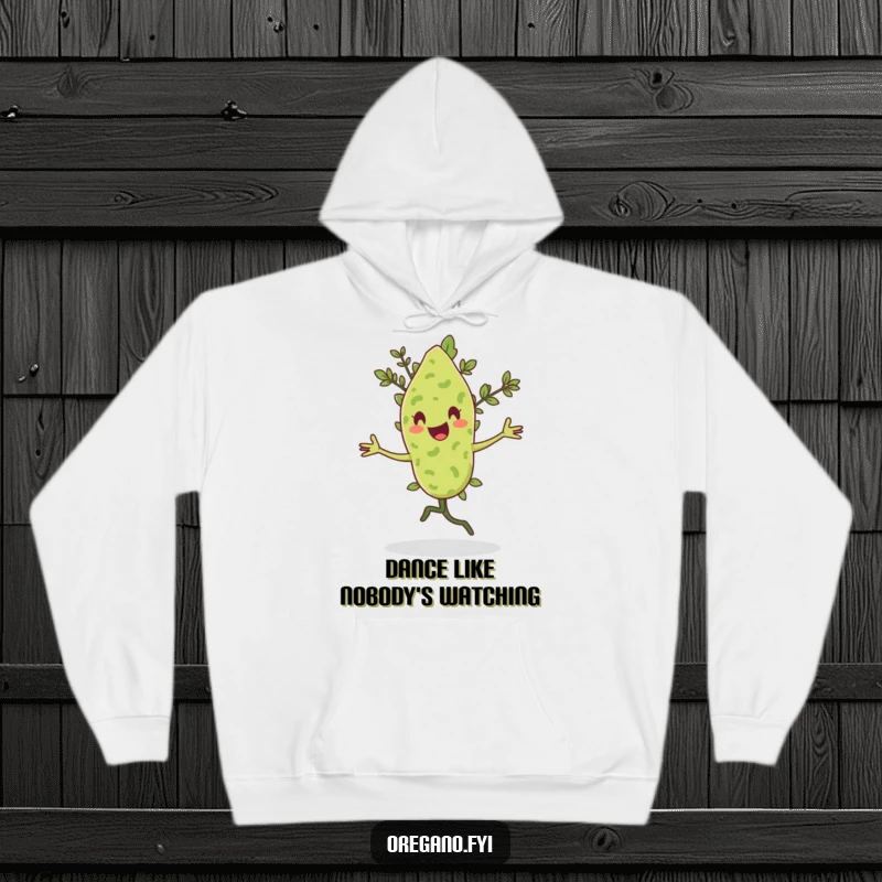 Funny hoodie with an oregano leaf character gracefully twirling in a happy pirouette.