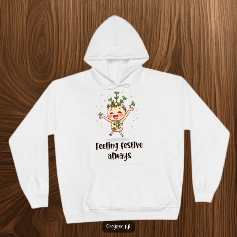 Funny oregano sprig dancing joyfully with confetti, on a cozy and celebratory hoodie.