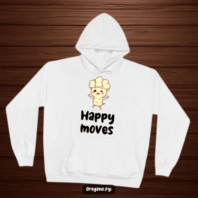 Funny hoodie featuring a smiling oregano character dancing joyfully, providing warmth and a touch of herbaceous happiness.