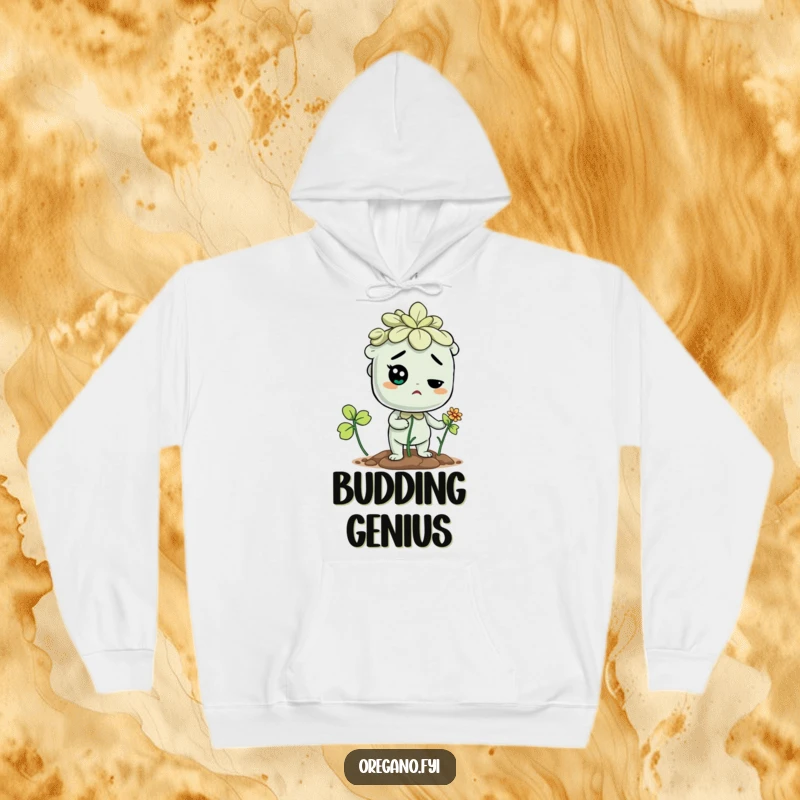 Funny hoodie featuring a determined oregano character focused on sprouting a flower, symbolizing effort and resilience.