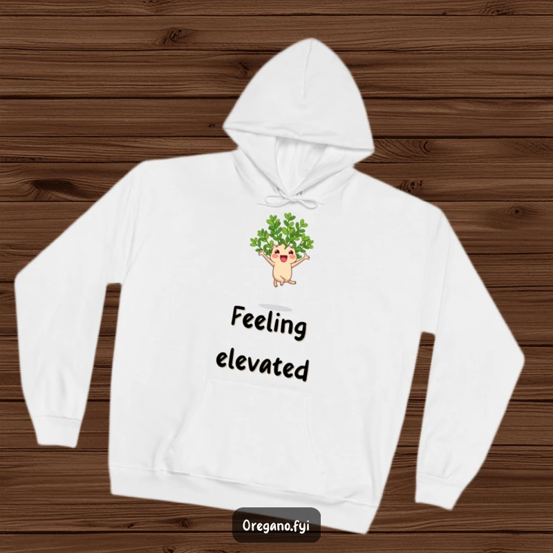 Funny hoodie featuring a cheerful oregano sprig executing a high, joyful jump on a bouncy leaf with pure delight.