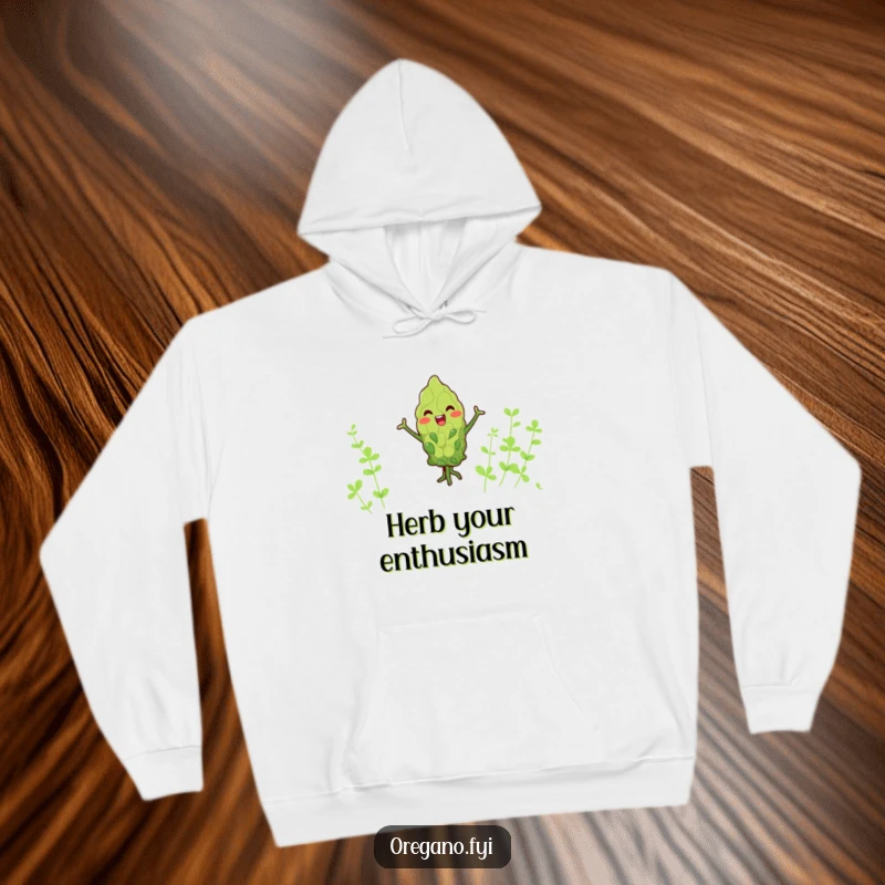Funny kawaii oregano leaf hoodie, joyfully dancing with tiny arms, comfortable and humorous clothing for herb enthusiasts.