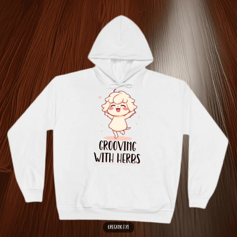 Funny hoodie with a Kawaii oregano character engaged in a funny, delicate, and graceful dance, exuding cuteness.