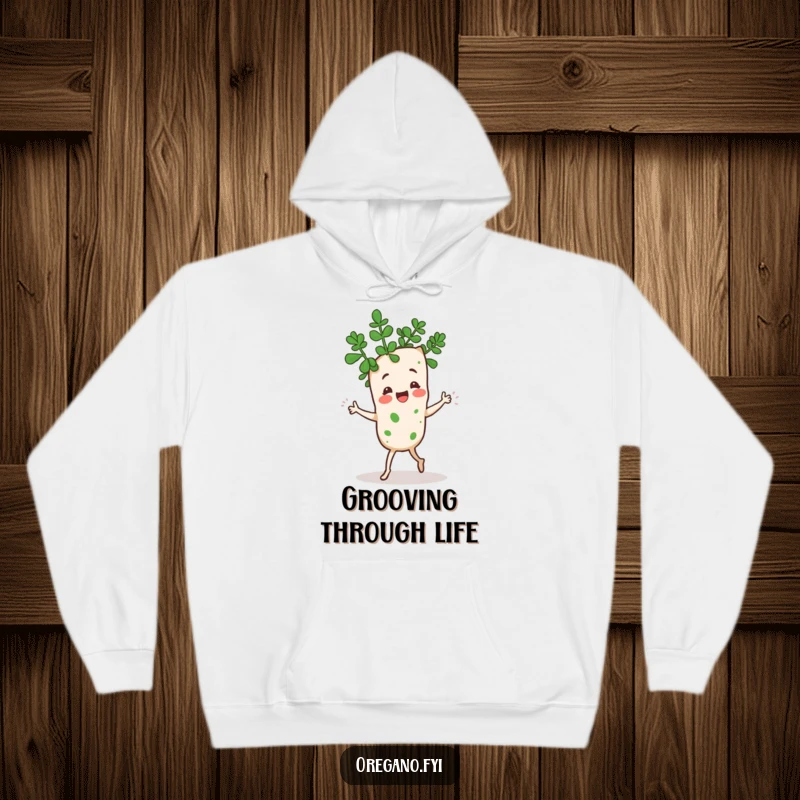 Funny Kawaii oregano sprig character doing a goofy dance with its leaves, warm hoodie design with lively and humorous theme, comfortable wear.