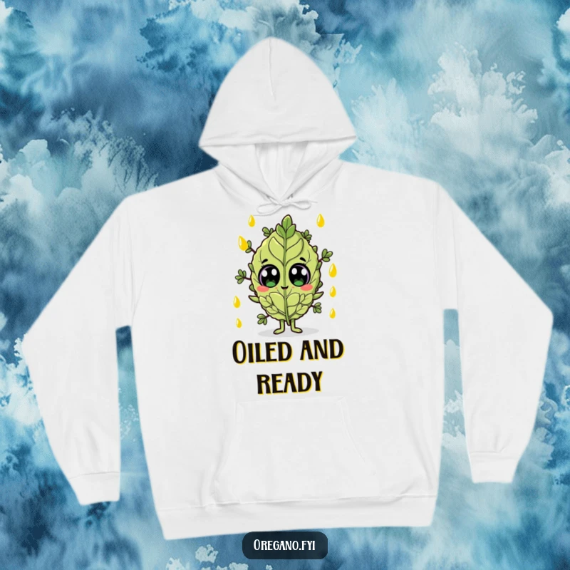 Funny hoodie with a wide-eyed oregano leaf character caught in a delightful shower of olive oil.