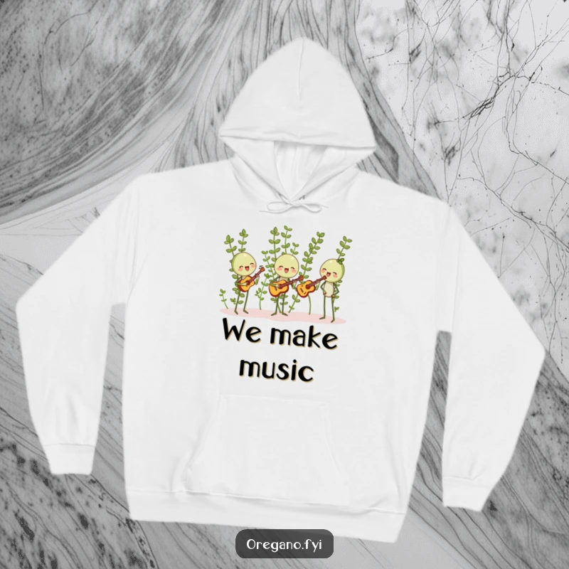Funny hoodie featuring oregano sprigs happily harmonizing with tiny leaf-shaped instruments, a warm and humorous apparel choice.