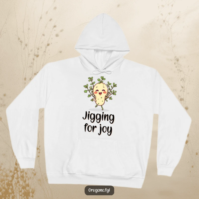 Funny hoodie showcasing a smiling oregano sprig character in a jaunty jig, offering cozy warmth and a touch of culinary merriment.