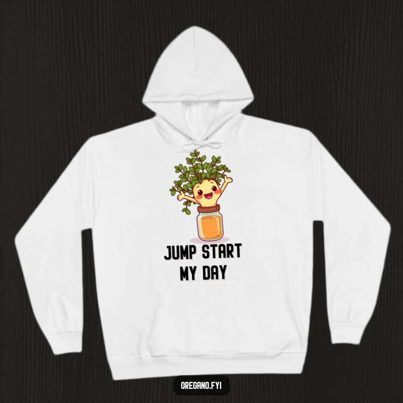 Funny hoodie showcasing a happy oregano sprig character joyfully leaping over a spice jar, offering cozy warmth and spirited fun.