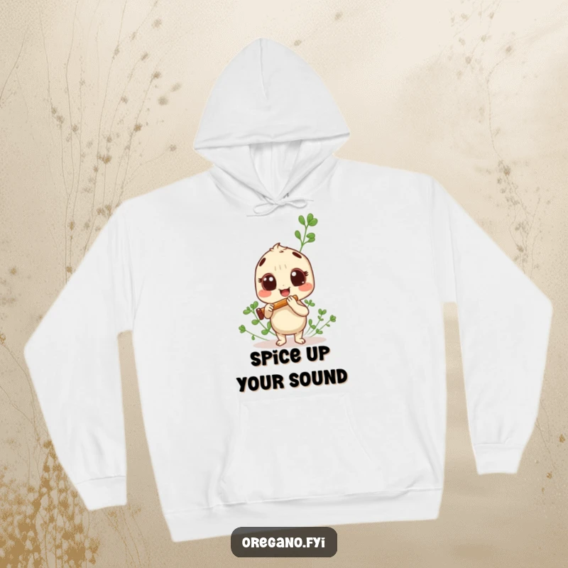 Funny oregano sprig hoodie, joyfully playing a miniature panpipe, cozy and full of musical cheer.