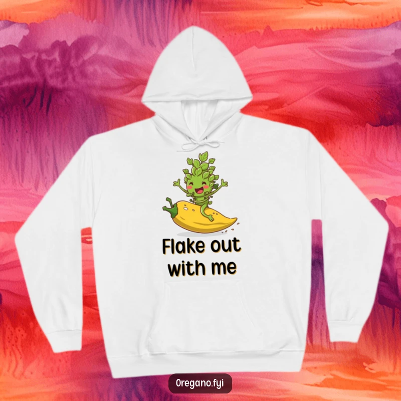 Funny hoodie featuring a delighted oregano leaf character joyfully surfing down a rolling pepper flake, a spicy thrill.