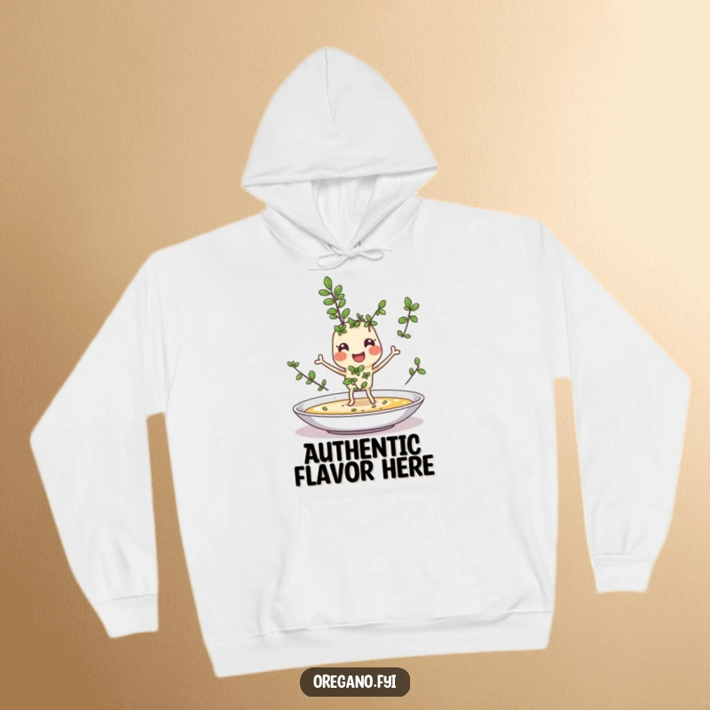 Funny hoodie featuring a cheerful oregano sprig character with tiny legs joyfully sprinkling itself onto a dish, a warm and humorous kitchen item.