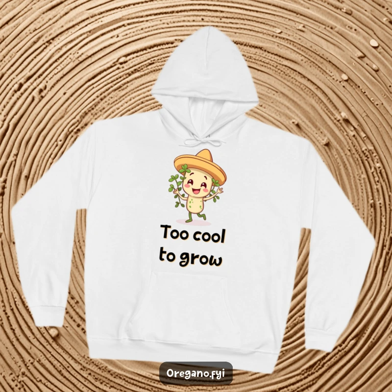 Funny hoodie depicting a smiling oregano sprig wearing a small sombrero, performing a spirited dance, full of zest.