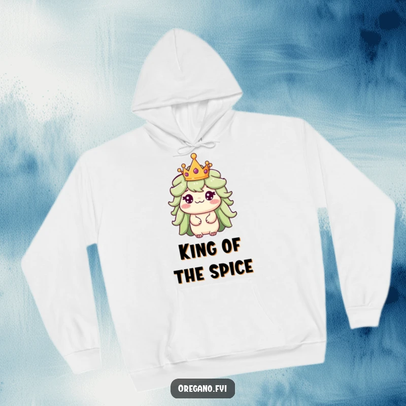 Funny hoodie showcasing a regal oregano character wearing a tiny crown, looking dignified and comically majestic.