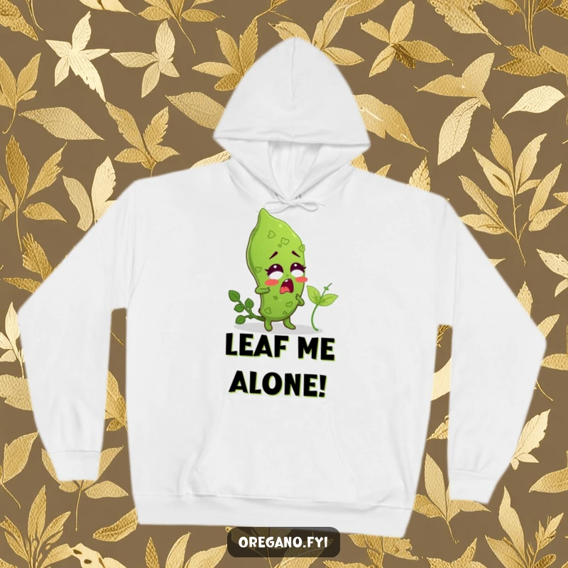 Funny hoodie featuring a surprised oregano leaf being tickled by a small basil leaf, offering cozy, humorous warmth.