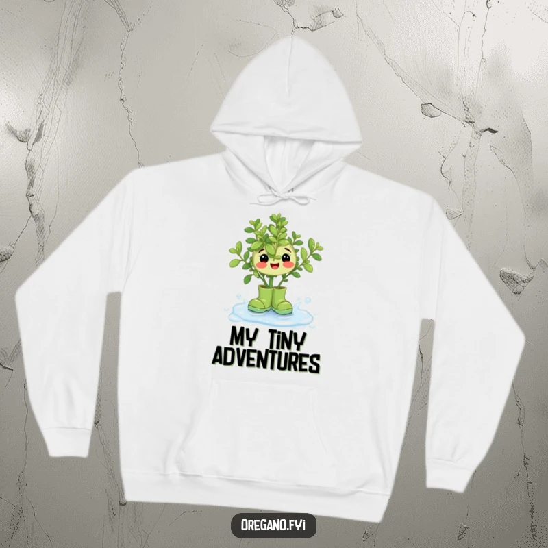 Funny Oregano Rain Boots Hoodie: A happy oregano sprig sporting tiny rain boots, splashing delightfully in a water droplet.