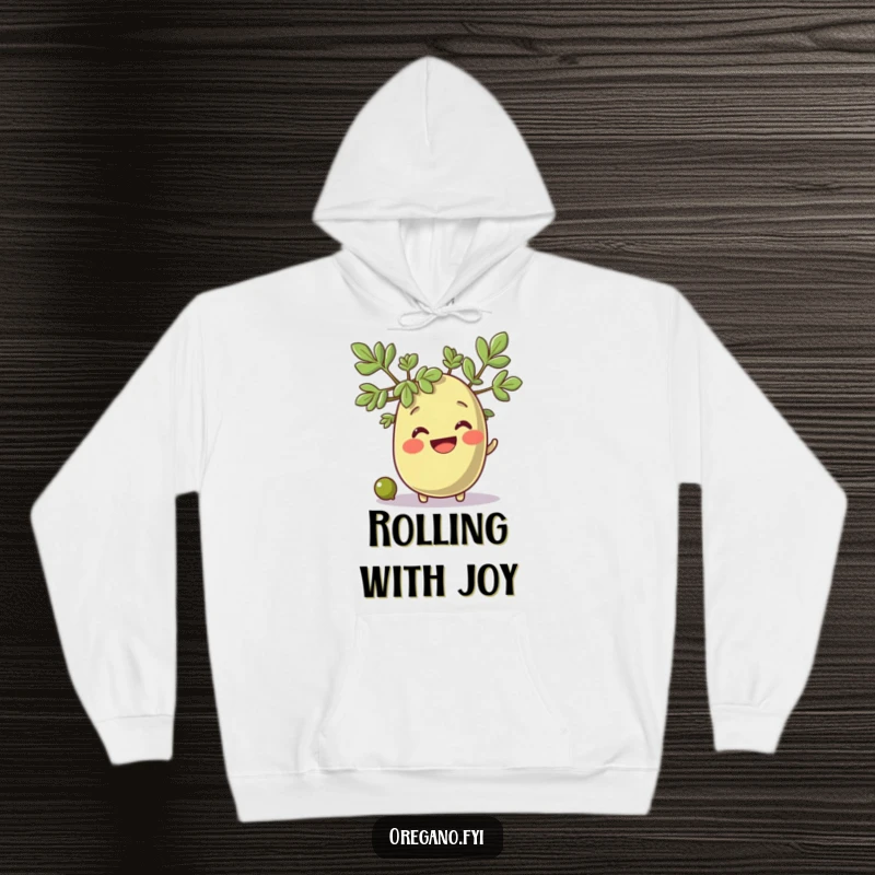Funny oregano character with a huge smile watches a tiny olive roll past, a cozy and humorous hoodie.