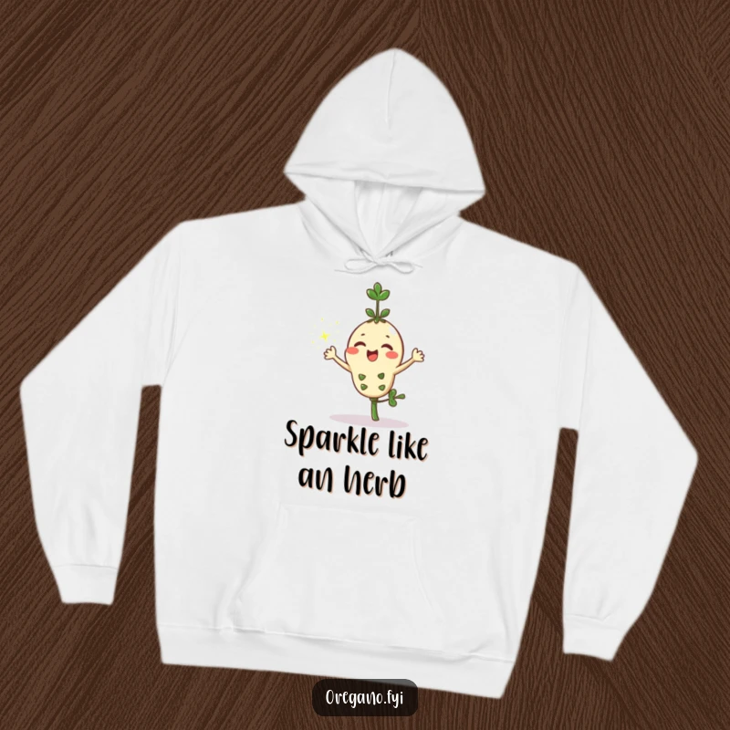 Cozy funny kawaii oregano sprig artistically sprinkling shimmering sparkles from its leaves on a warm hoodie, perfect for cool days.