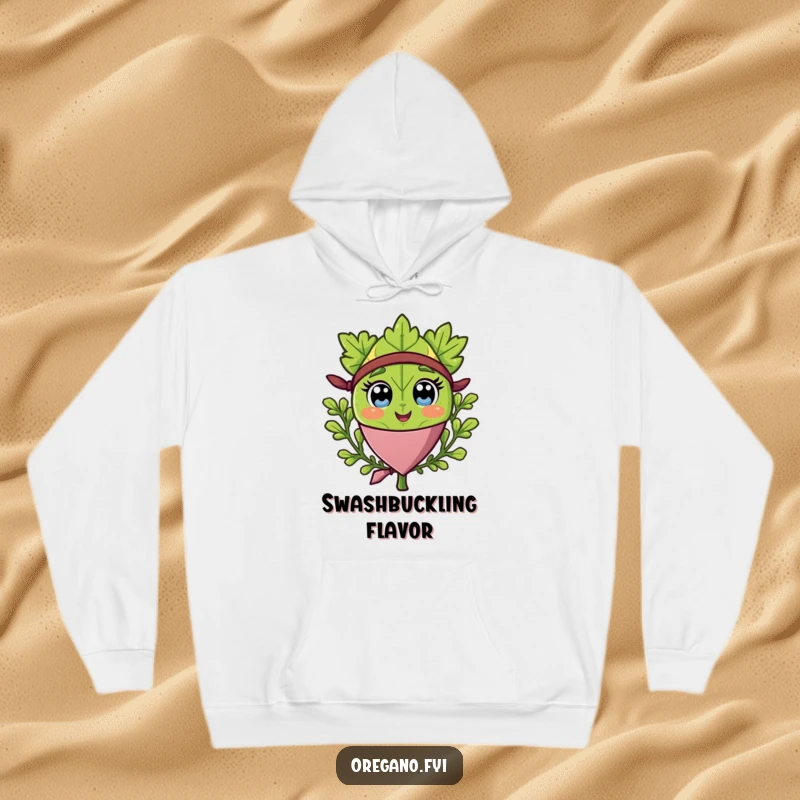 Funny hoodie featuring a happy oregano leaf wearing a pirate bandana, perfect for cozy and humorous adventures.