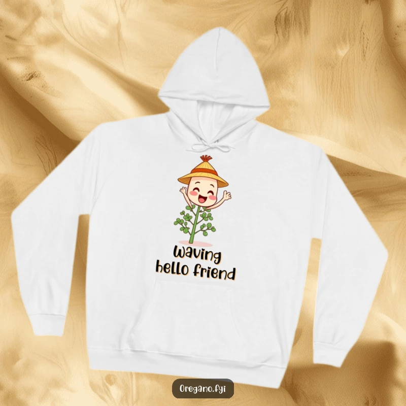 Cheerful oregano sprig character in a straw hat waves hello, perfect for cozy, humorous greetings.