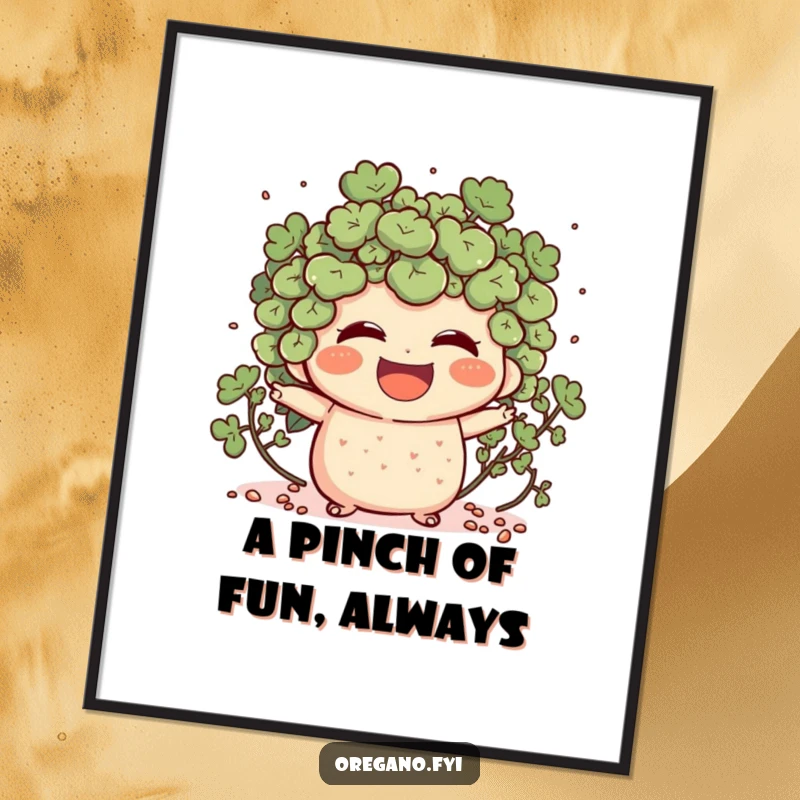 Free Printable Laughing Oregano Wall Art: An oregano character is caught mid-laugh, scattering tiny happy specks.