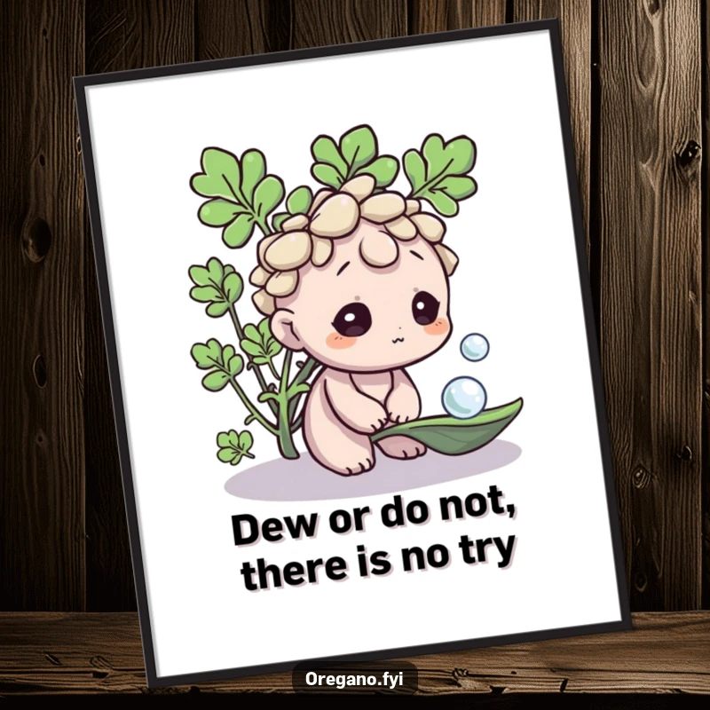 Funny Free Printable Wall Art: An oregano character curiously looking at a dewdrop on a leaf, embodying peaceful observation.