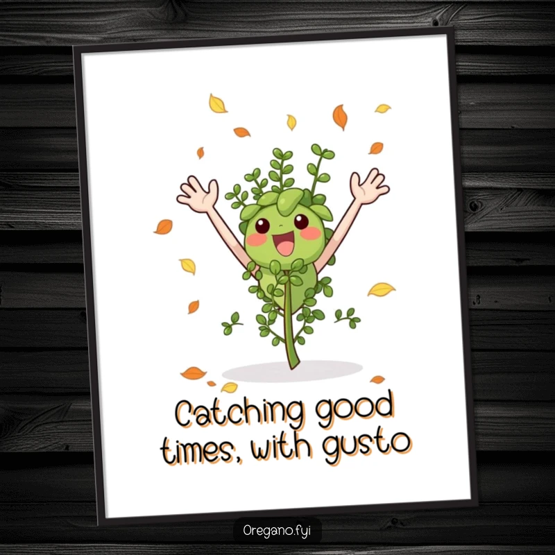 Funny Free Printable Wall Art: An excited oregano sprig joyfully catching falling autumn leaves, perfect for seasonal decor.