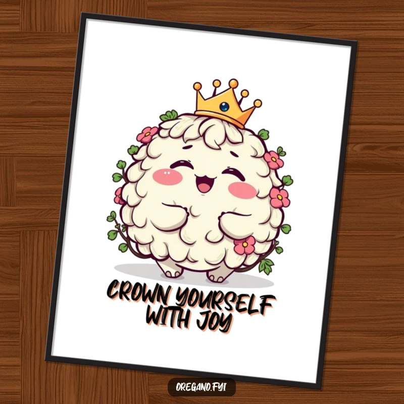 Funny Free Printable Wall Art of a plump oregano character giggling while wearing a tiny crown, exuding regal charm.