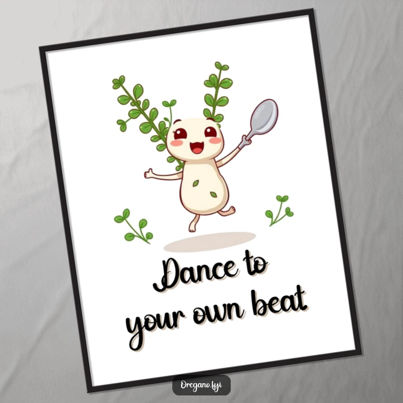 Funny Free Printable Wall Art: A kawaii oregano sprig happily dances with a miniature spoon, bringing culinary cheer to your walls.