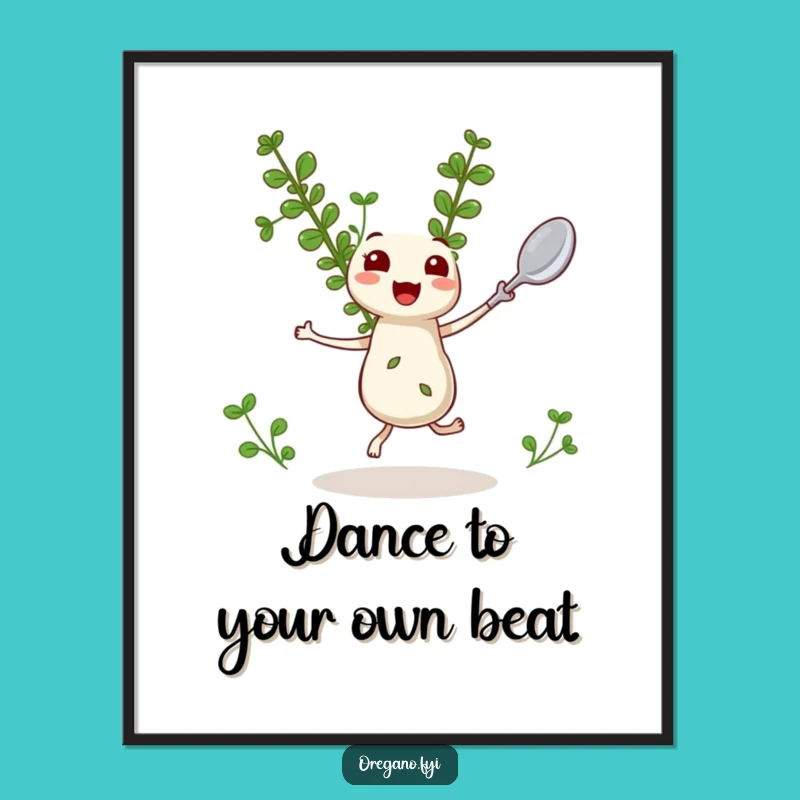 Free Printable Wall Art: Dancing Oregano with Spoon, Funny Downloadable Kitchen Decor