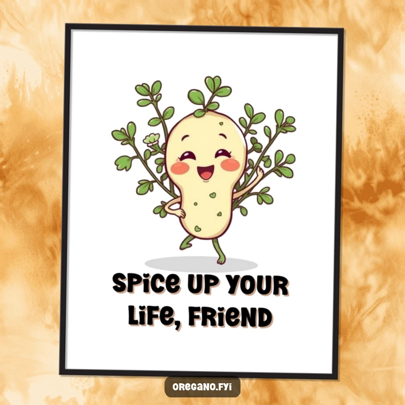 Funny free printable wall art depicting a smiling oregano sprig doing a jaunty jig, bringing lively energy to the room.