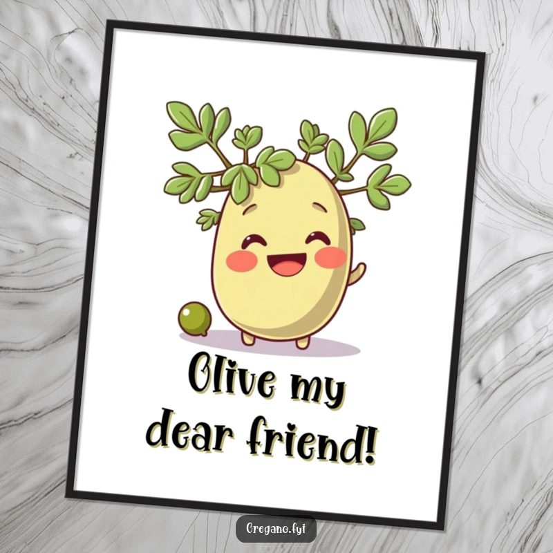 Funny Free Printable Wall Art of a smiling oregano character watching a tiny olive roll by, adding quirky charm.