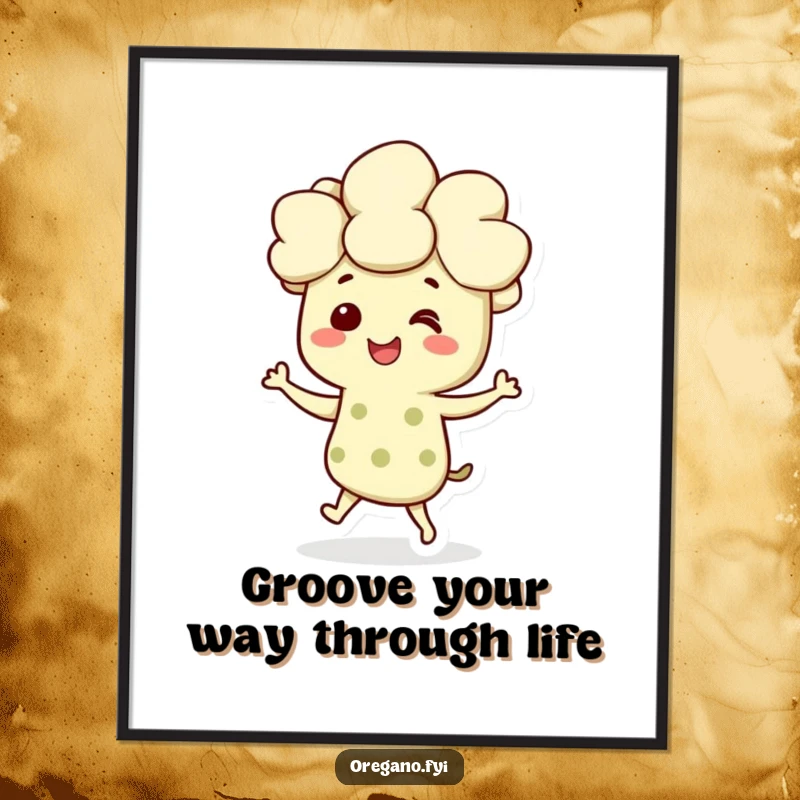 Funny Free Printable wall art featuring a smiling oregano character doing a joyful little dance, bringing a cheerful and lively spirit.