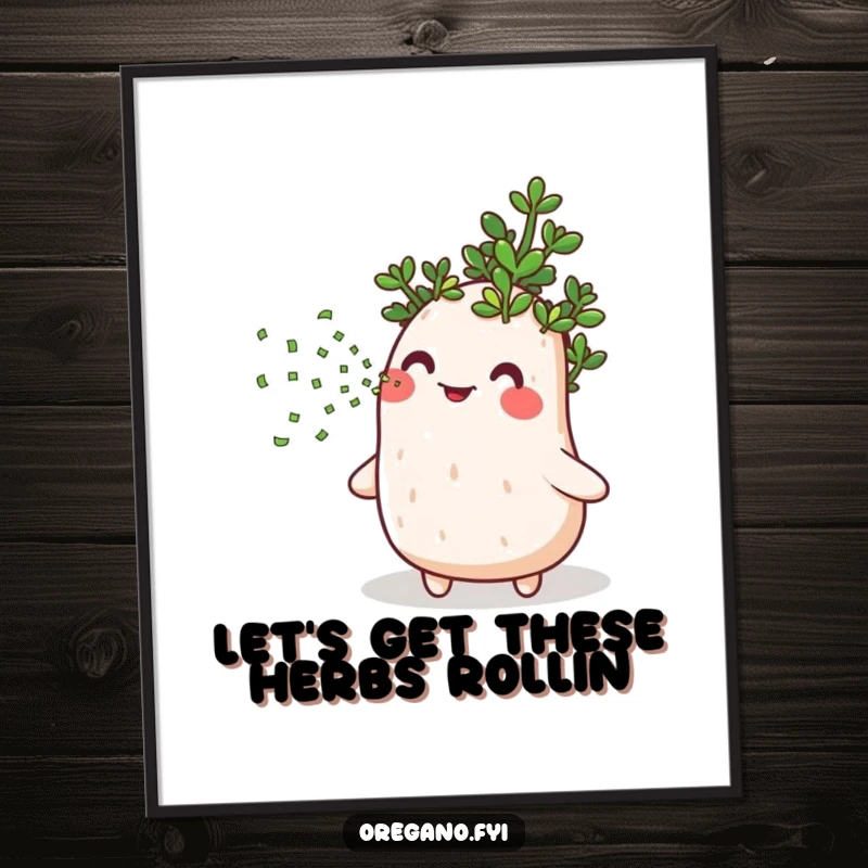 Funny Free Printable Wall Art of a happy oregano joyfully blowing a stream of green confetti, adding a lighthearted touch.