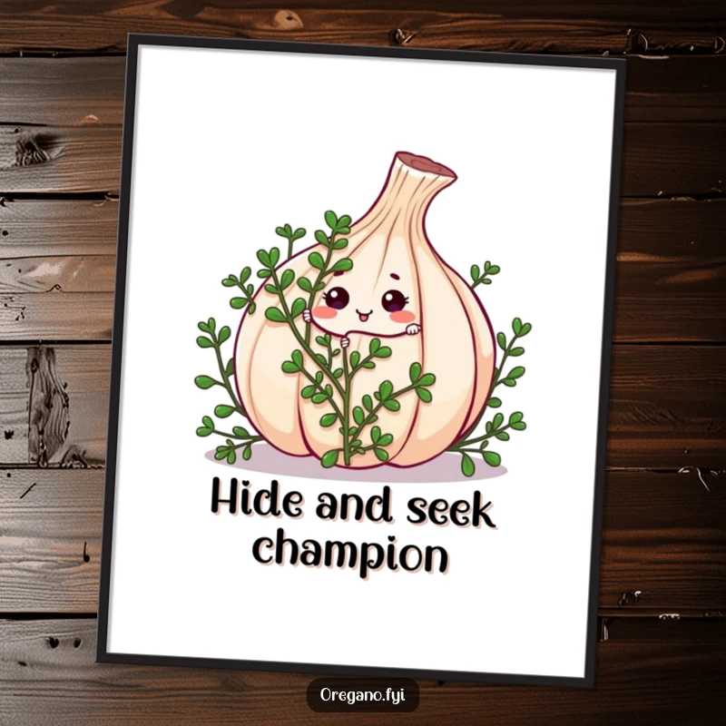 Funny Free Printable Wall Art: A Kawaii oregano sprig character playfully peeking from behind a giant garlic clove.