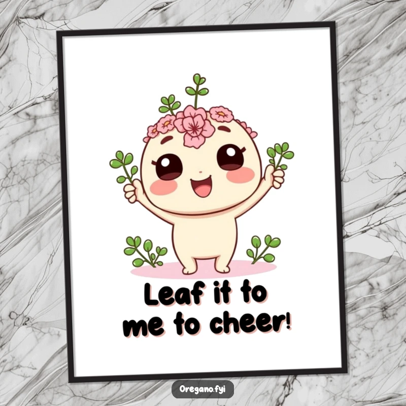 Funny Free Printable Wall Art: An ecstatic Kawaii oregano sprig character cheering with its small leaves triumphantly held high.