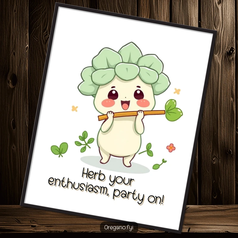 Funny Free Printable Wall Art: Kawaii oregano character playing a tiny leaf flute, with musical notes creating a cheerful, whimsical scene.