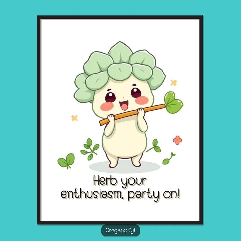 Free Printable Wall Art: Kawaii Oregano Plays Leaf Flute, Quirky Downloadable Art for Your Home