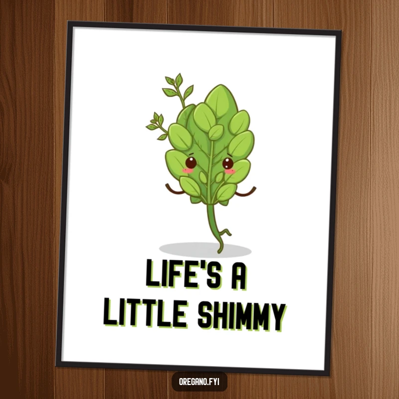 Funny Free Printable Wall Art showing an oregano leaf with tiny legs doing a little shimmy, a humorous and playful decoration.
