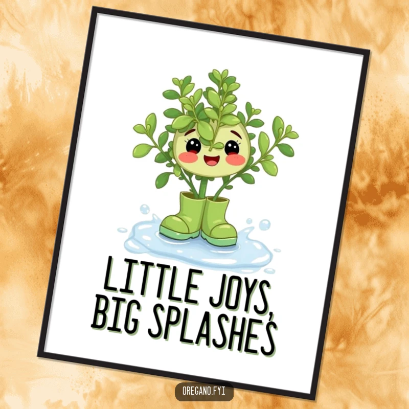 Funny Free Printable Wall Art: An endearing oregano sprig sporting tiny rain boots, joyfully splashing in a dewdrop.