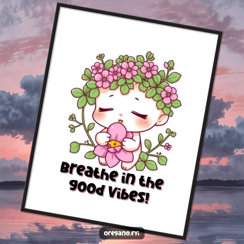 Funny Free Printable Wall Art: An oregano character peacefully smelling a flower, bringing a sense of calm and delight to your decor.