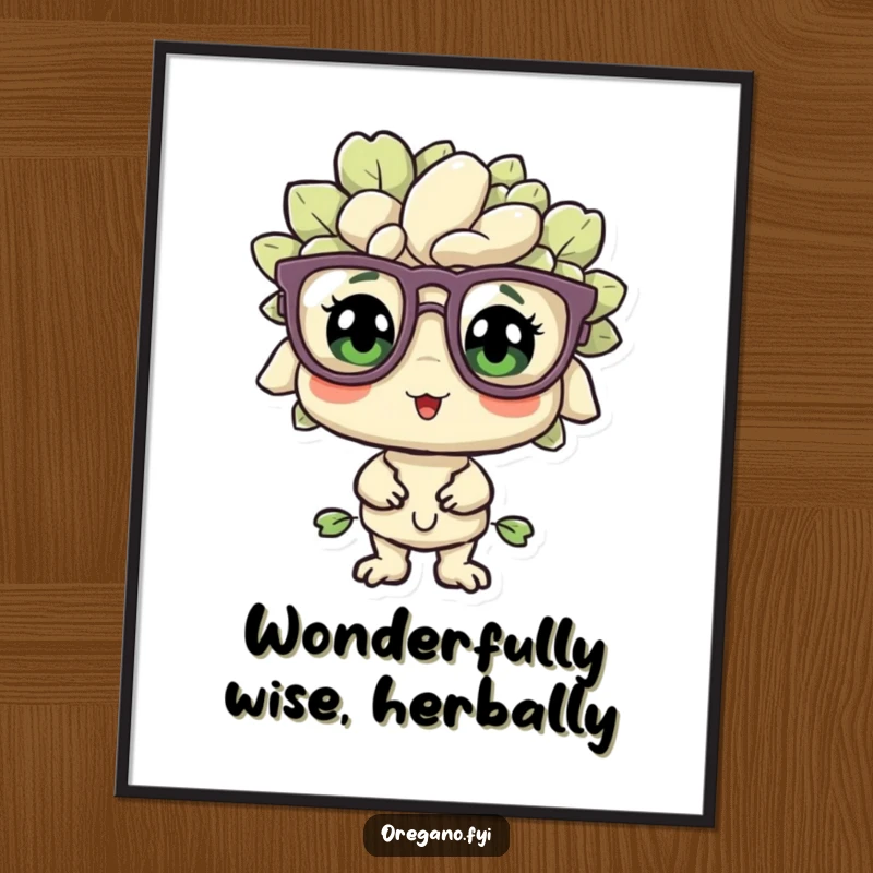 Funny Free Printable Wall Art: An oregano sprig wearing oversized glasses looks endearingly bewildered but happy, adding quirky charm.