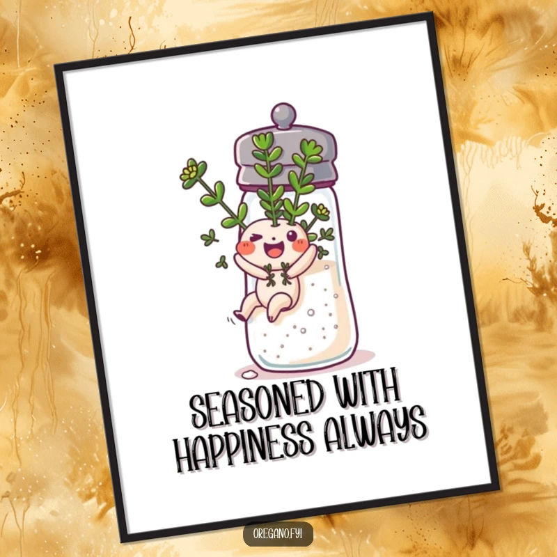 Funny Free Printable Wall Art: A happy oregano sprig slides down a salt shaker, embodying playful movement and flavor.