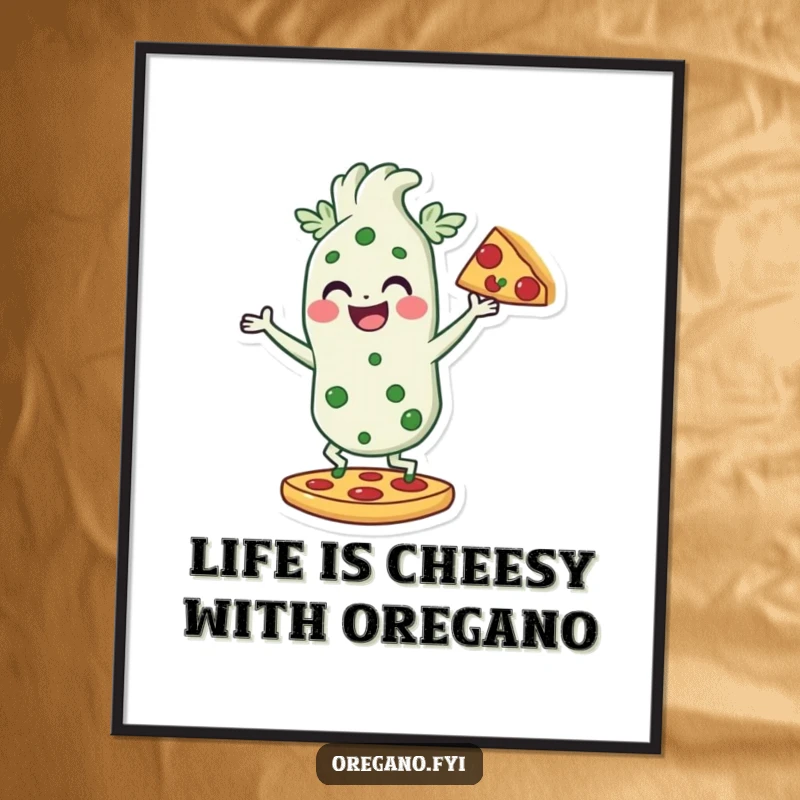 Funny Free Printable Wall Art: Oregano character with a wide smile playfully dancing on a pizza slice, a downloadable fun art piece.