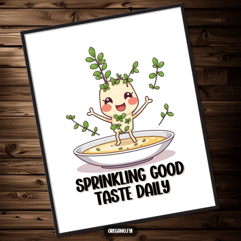 Funny Free Printable Wall Art: Cheerful oregano character joyfully sprinkling itself onto a dish, a downloadable culinary art piece.