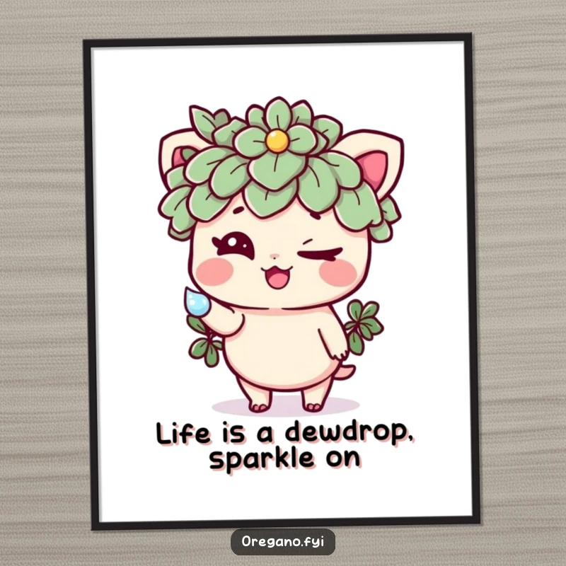 Funny Free Printable Wall Art: A mischievous oregano character winks, holding out a sparkling dewdrop, adding whimsical decor.