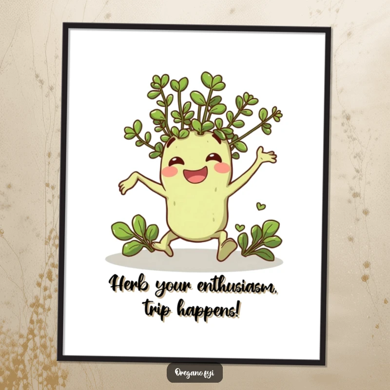 Funny Free Printable Wall Art: A cheerful oregano sprig comically trips but lands with a resilient, happy grin, adding humor to any room.