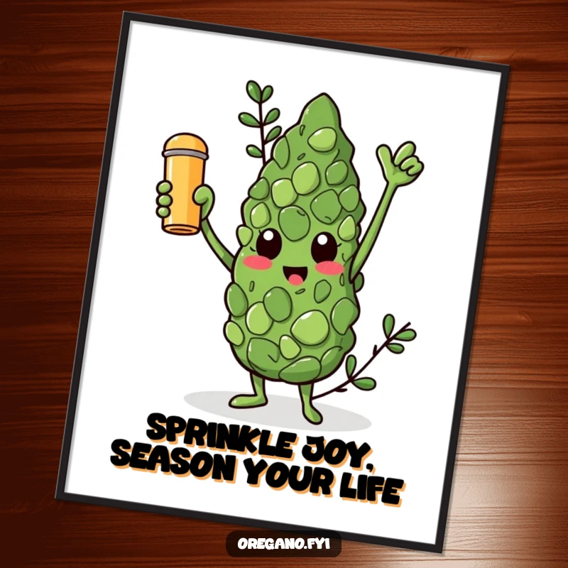 Funny Free Printable Wall Art: Triumphant oregano leaf character holding a golden spice shaker aloft; celebratory, downloadable kitchen or dining room decor.