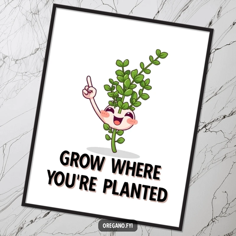 Funny Free Printable Wall Art of a smiling oregano sprig enthusiastically pointing upwards with a tiny leaf for an uplifting look.