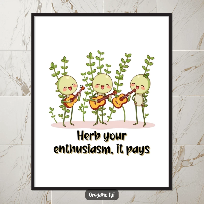 Funny Free Printable Wall Art: A group of oregano sprigs happily harmonizing with tiny leaf-shaped instruments, a downloadable musical art.
